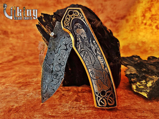 Forged Damascus Steel Folding Pocket Knife With Ragnar Lothbrok Carved Handle Viking_Blade_Crafts