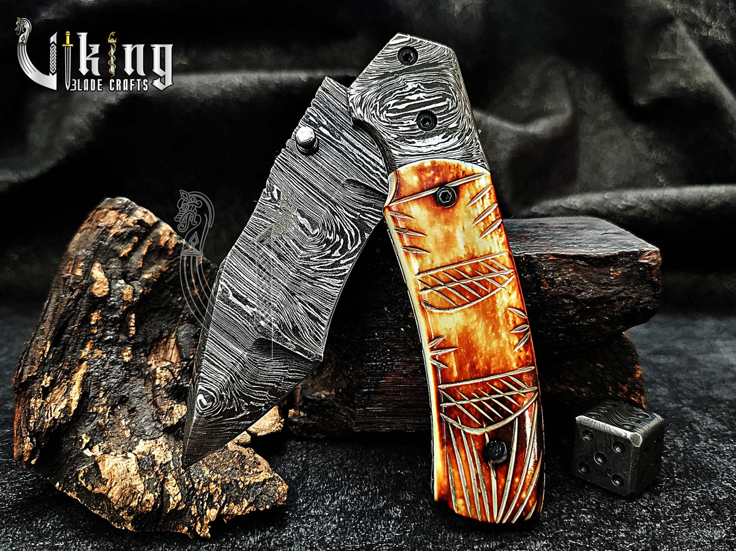 Forged Damascus Steel Folding Knife with Fire Camel Bone Handle