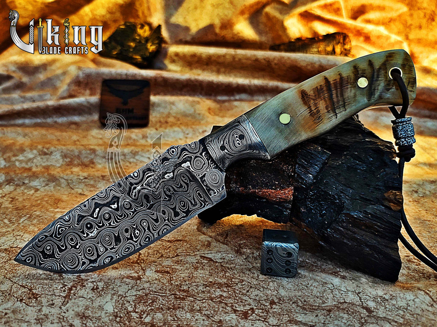 Forged Damascus Steel Hunting Knife Ram horn Handle & Damascus Bolster