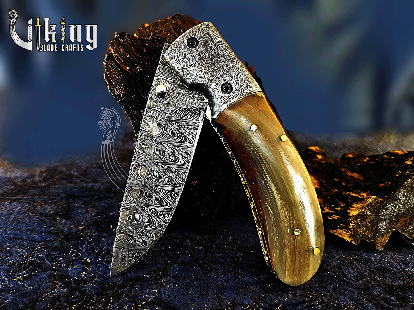 Handmade Folding Knife with Ram Horn, Ladder Pattern & Clip