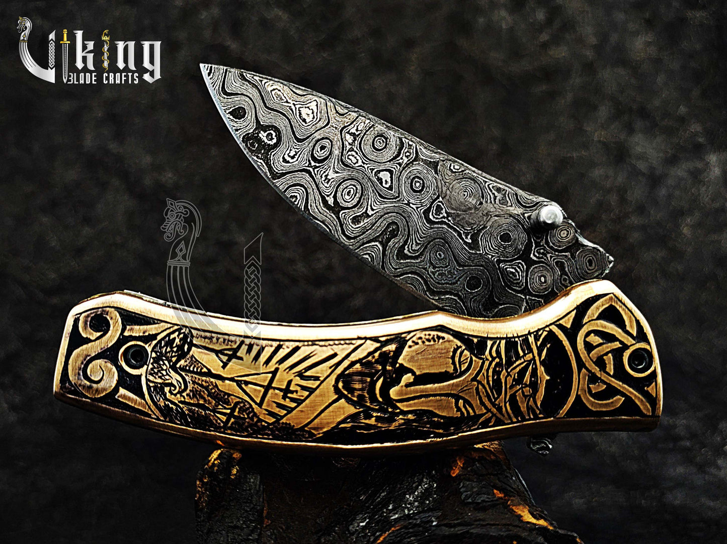 Damascus steel Folding knife with Jesus Crucifixion carved handle.