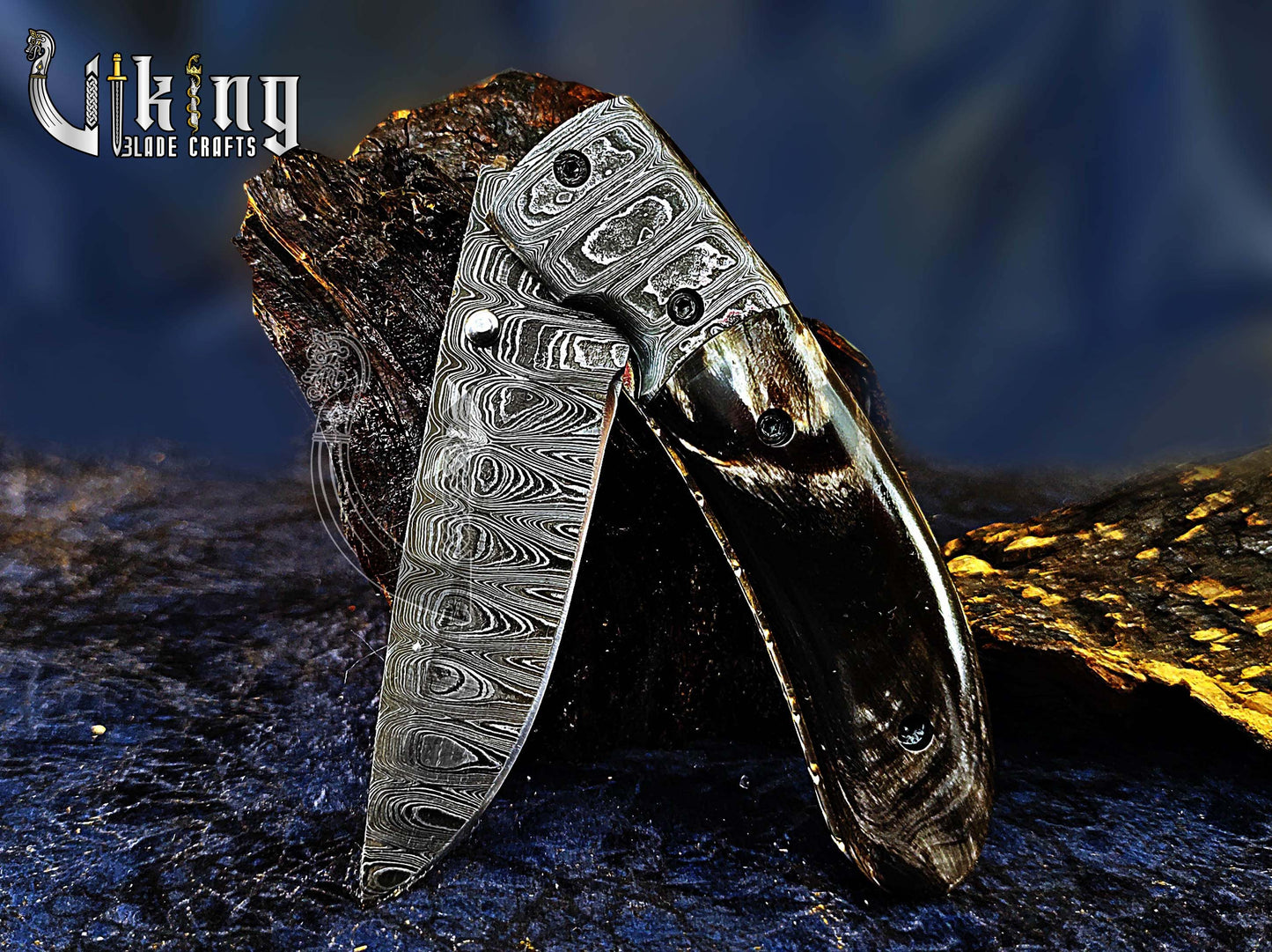 Damascus Folding Knife with Buffalo Horn Handle & Damascus Steel Clip