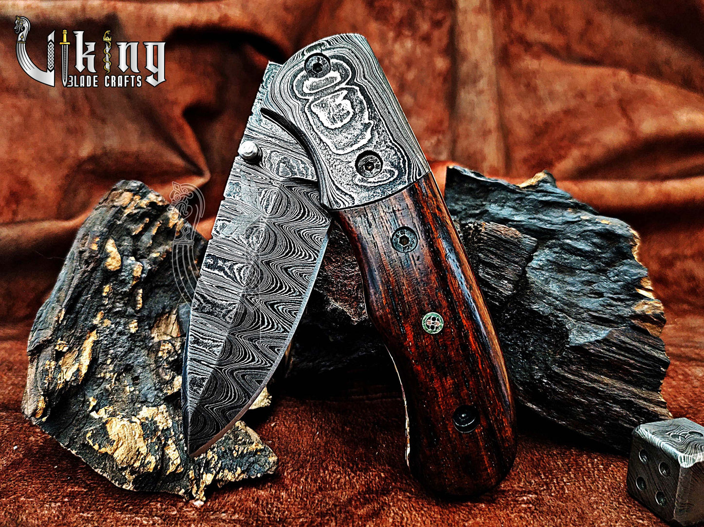 Hand-Forged Damascus Steel Folding Knife with Rosewood Handle