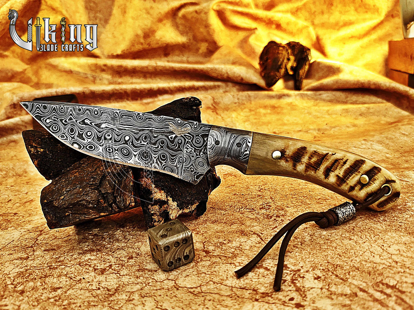 Damascus Steel Hunting & Camping Knife & Ram Horn Handle With Bolster