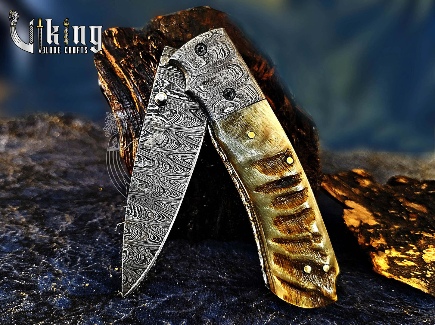 Handmade Damascus Steel Premium Folding Knife with Ram Horn Handle