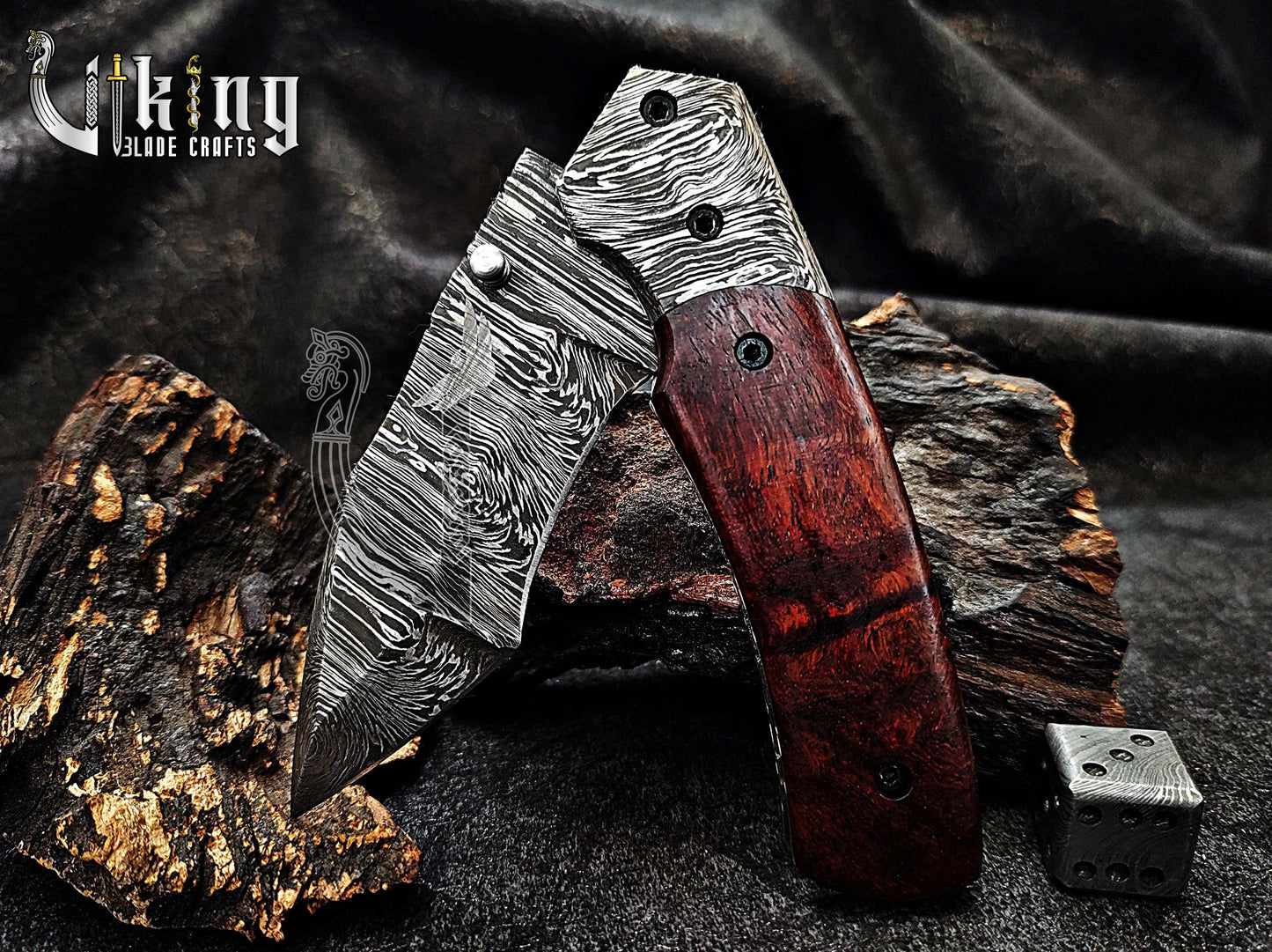 Damascus Steel Folding Pocket Knife With Sheath Rose Wood Handle
