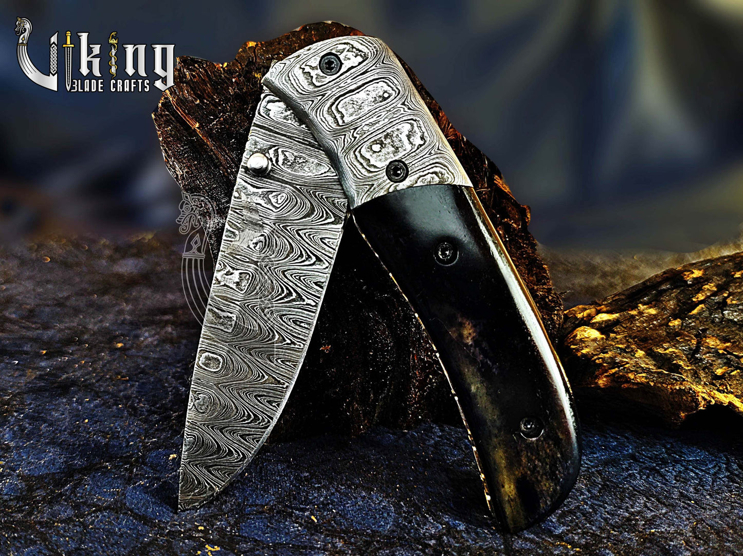 Hand-Forged Damascus Folding Knife with Ebony Wood & Ladder Blade