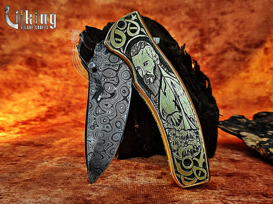 Forged Damascus Steel Blade Ragnar Lothbrok Carved Handle Folding Knife Viking_Blade_Crafts