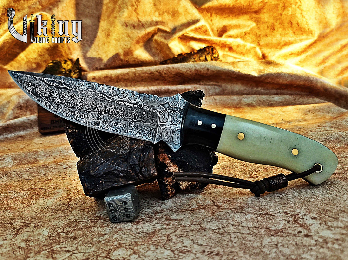 Damascus Fixed Blade Hunting Knife With Stained Bone & Buffalo horn Handle