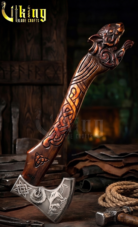 Ratatoskr Viking Axe | Custom Squirrel Carving | Hand-Forged Steel | Wooden Gift Box