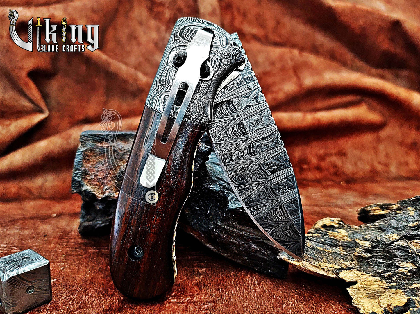 Hand-Forged Damascus Steel Folding Knife with Rosewood Handle