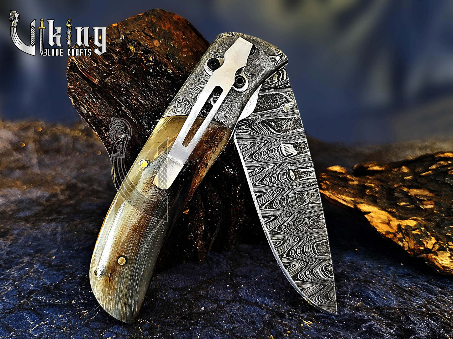 Forged Damascus Steel Folding Pocket Knife with Secure Leather Cover