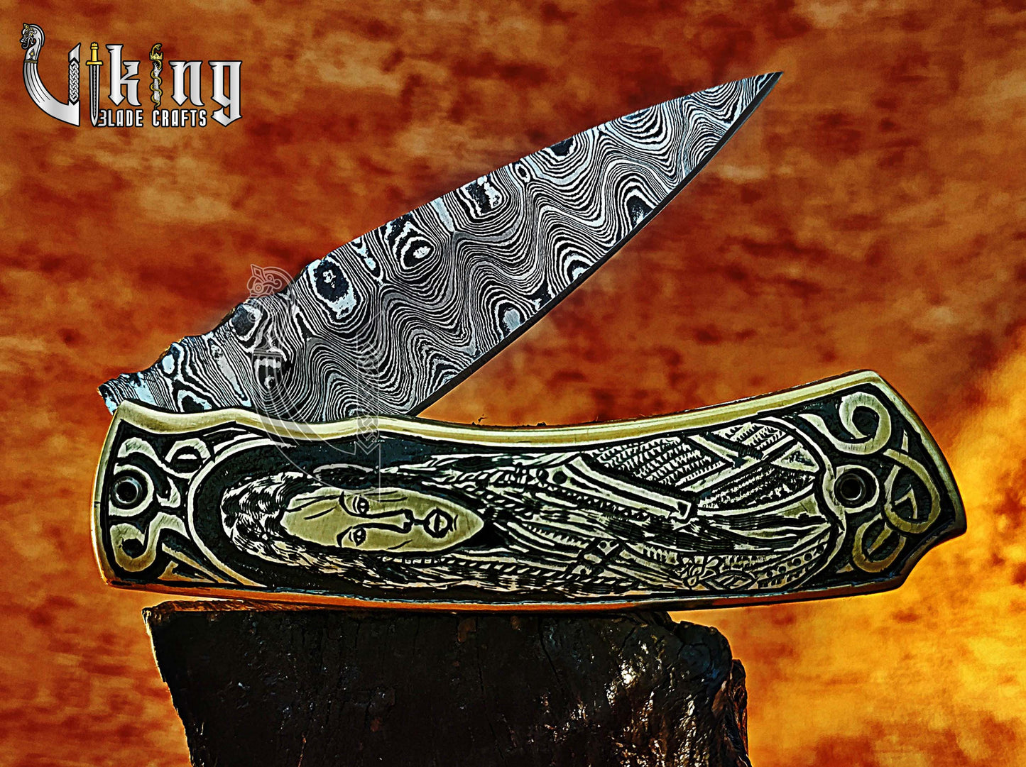 Hand-forged Damascus steel Pocket Folding knife with Queen Lagertha carving handle