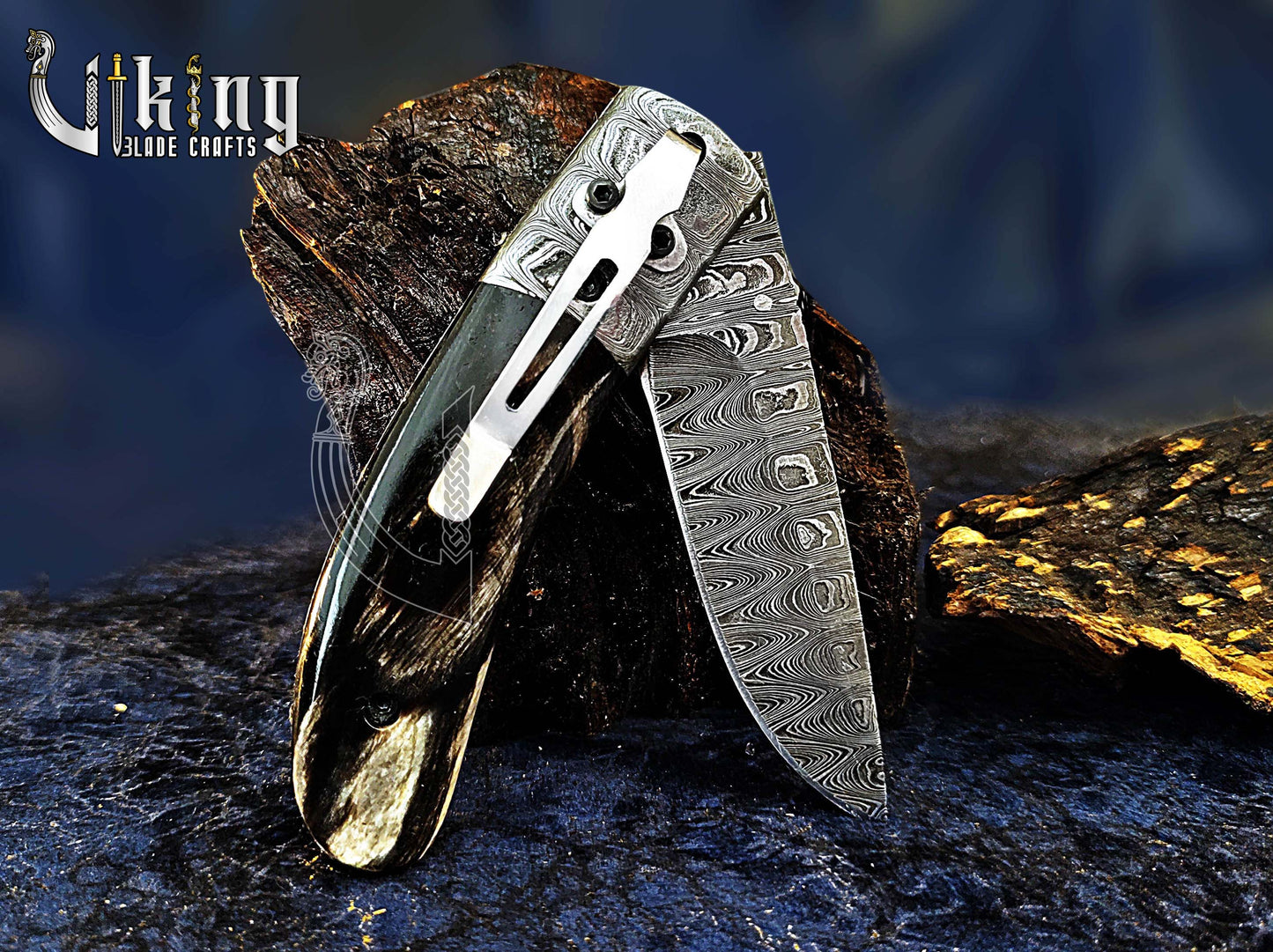 Damascus Folding Knife with Buffalo Horn Handle & Damascus Steel Clip