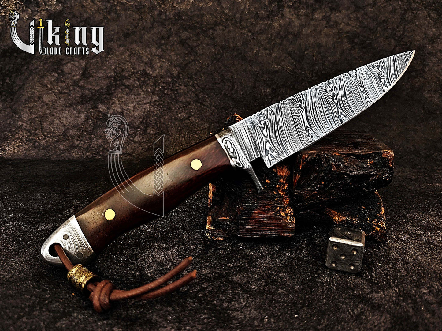 Damascus Fixed Blade Knife with Rosewood Handle & Damascus Guard & Bolster