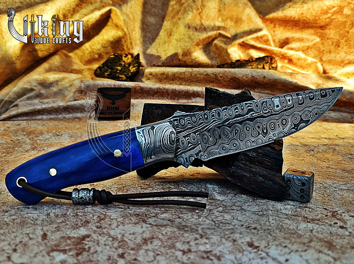 Handmade Damascus Hunting Knife With Stained Bone Handle & Bolster