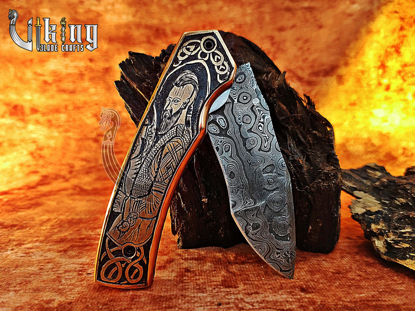 Forged Damascus Steel Folding Pocket Knife With Ragnar Lothbrok Carved Handle