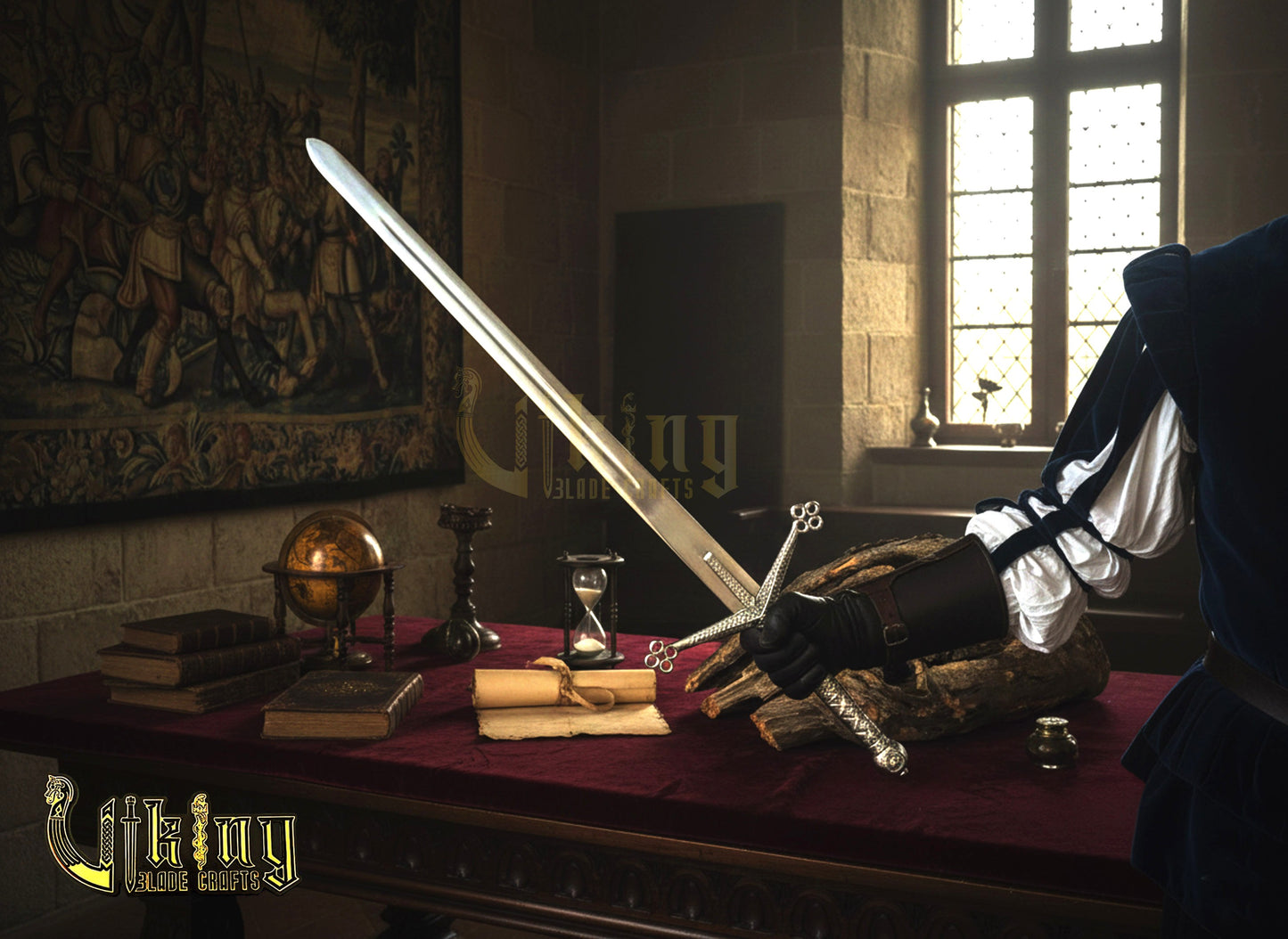 Handmade Damascus Steel Scottish Claymore Sword with Leather Sheath