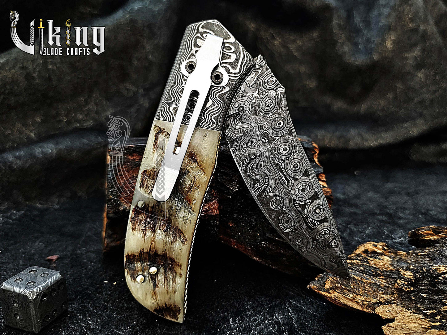Handmade Damascus Steel Rain Drop Pattern Ram Horn Handle Folding Knife