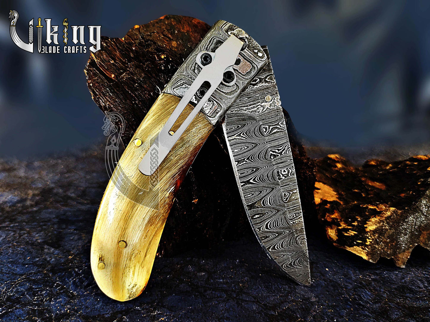 Handmade Folding Knife with Ram Horn, Ladder Pattern & Clip