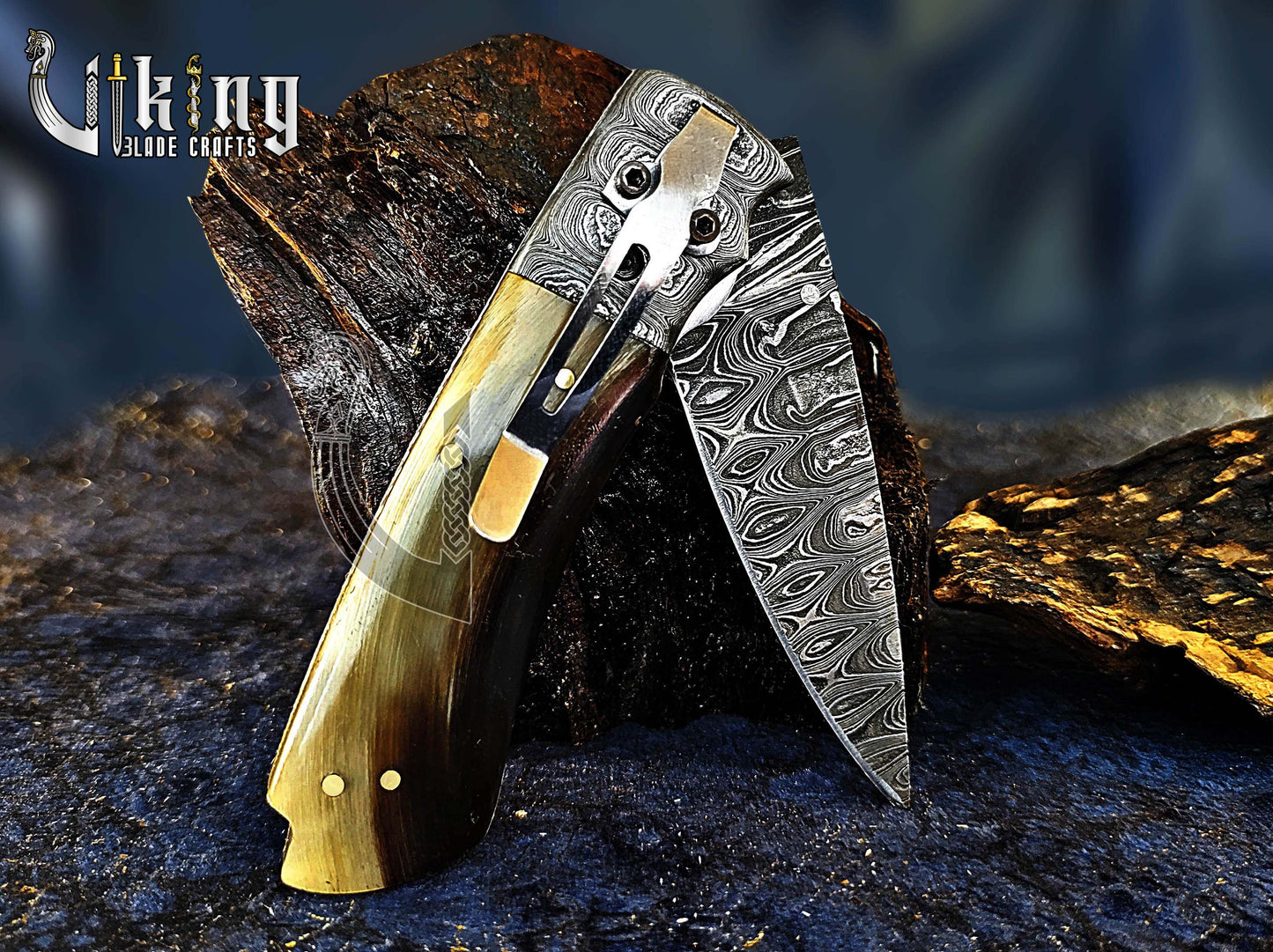 Handmade 3.5" Folding Knife with Ram Horn, Ladder Pattern & Pocket Clip