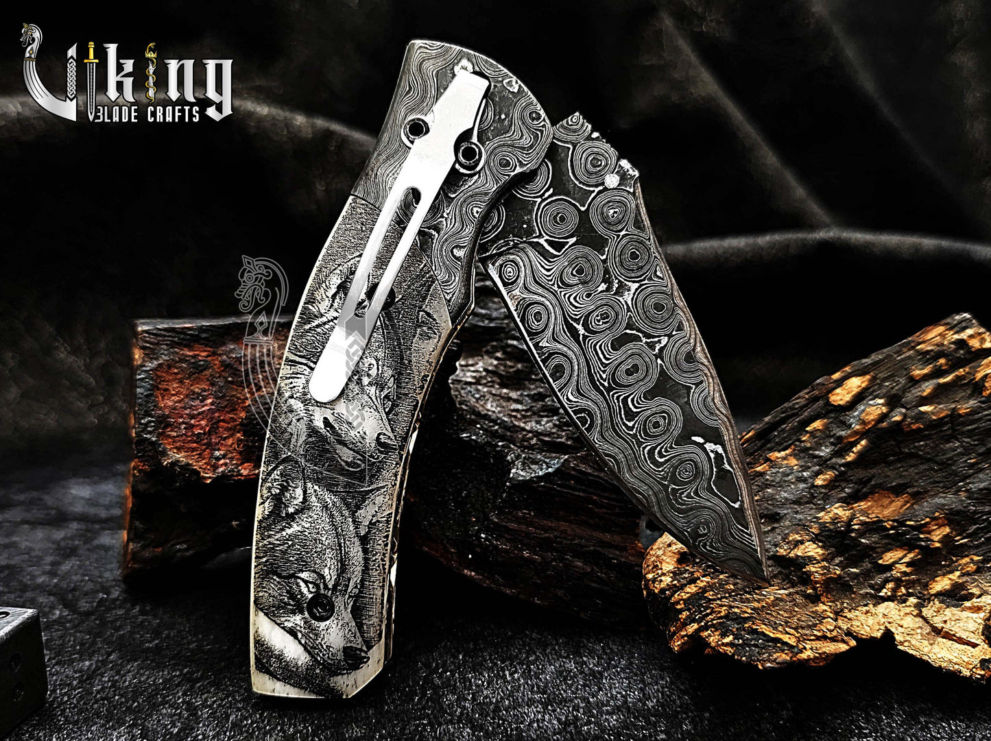 Hand-Forged Damascus Steel Rain Drop & Bone Handle Folding Knife