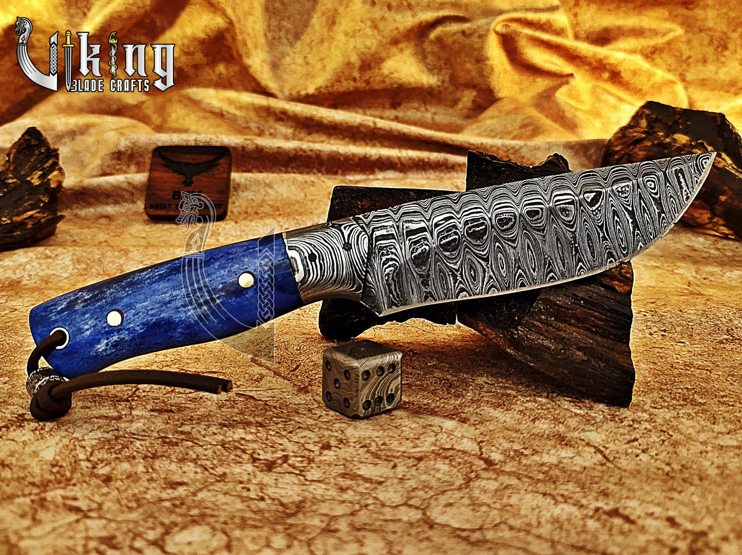Damascus Steel Hunting Knife With Stained Bone Handle With Sheath