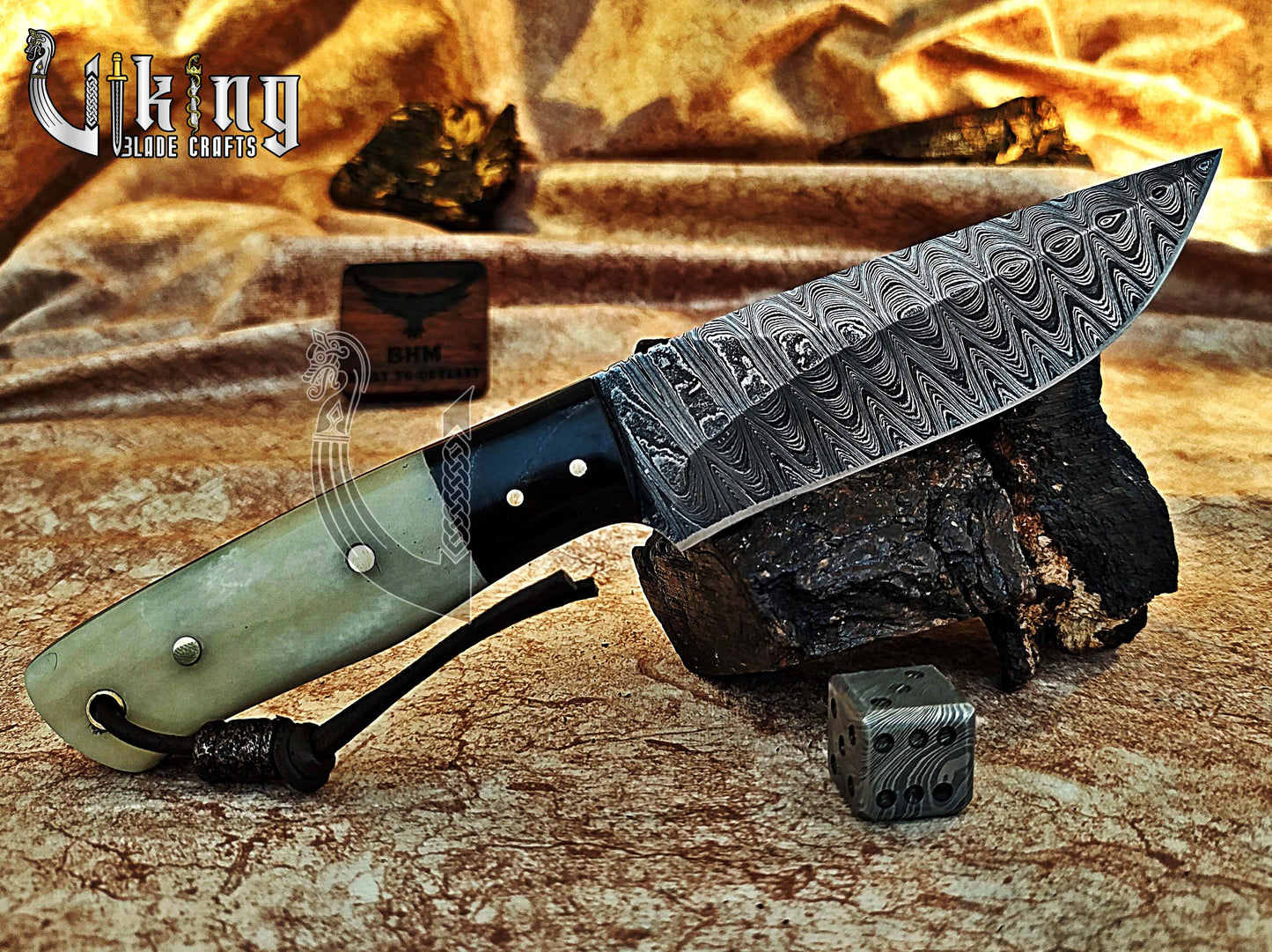 Damascus Steel Hunting Knife With Stained Bone & Buffalo Horn Handle