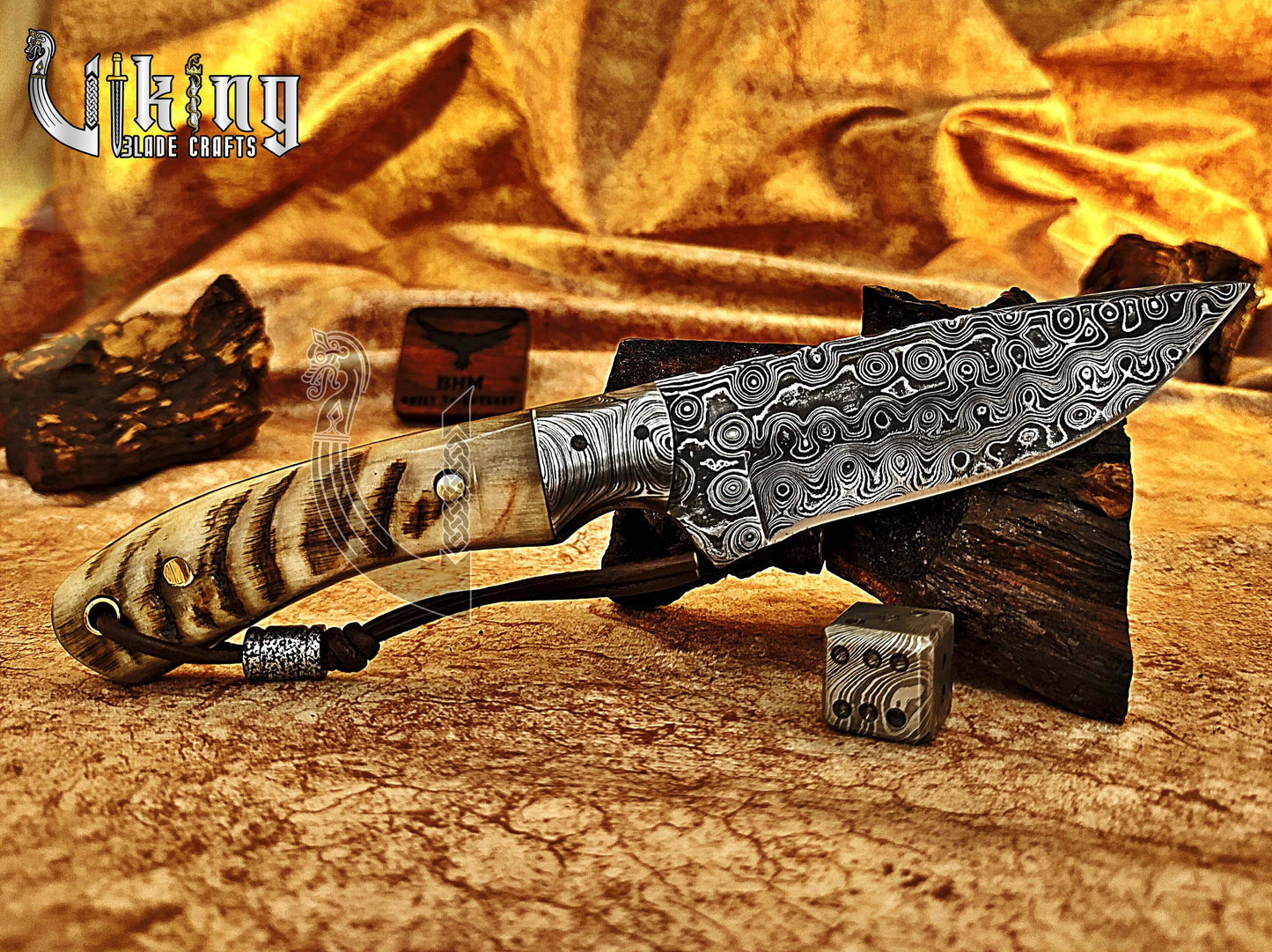 Damascus Steel Hunting & Camping Knife & Ram Horn Handle With Bolster