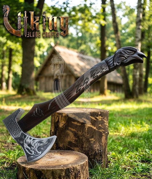 Huginn Muninn Viking Axe | Raven Carved Handle | Forged Steel