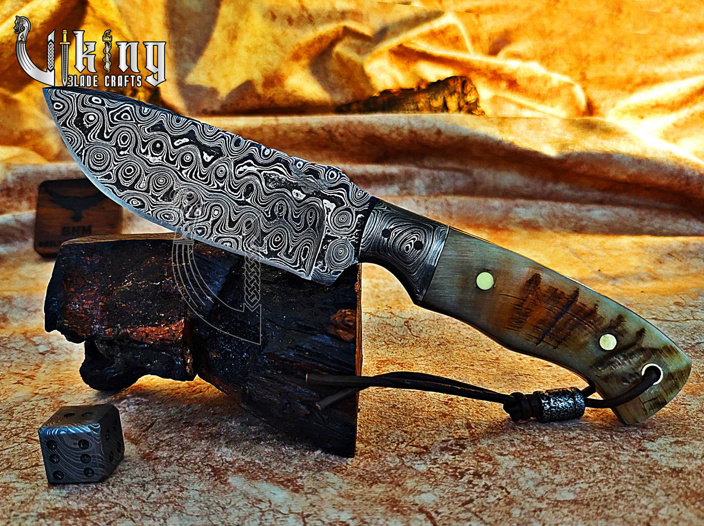 Forged Damascus Steel Hunting Knife Ram horn Handle & Damascus Bolster