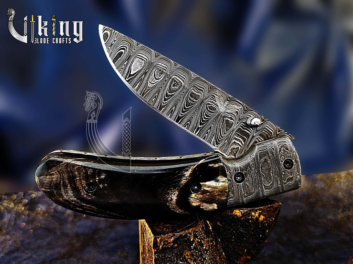 Damascus Folding Knife with Buffalo Horn Handle & Damascus Steel Clip
