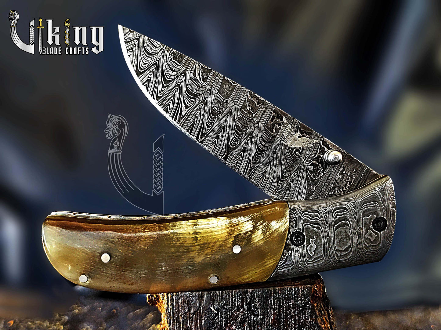 Forged Damascus Steel Folding Pocket Knife with Secure Leather Cover