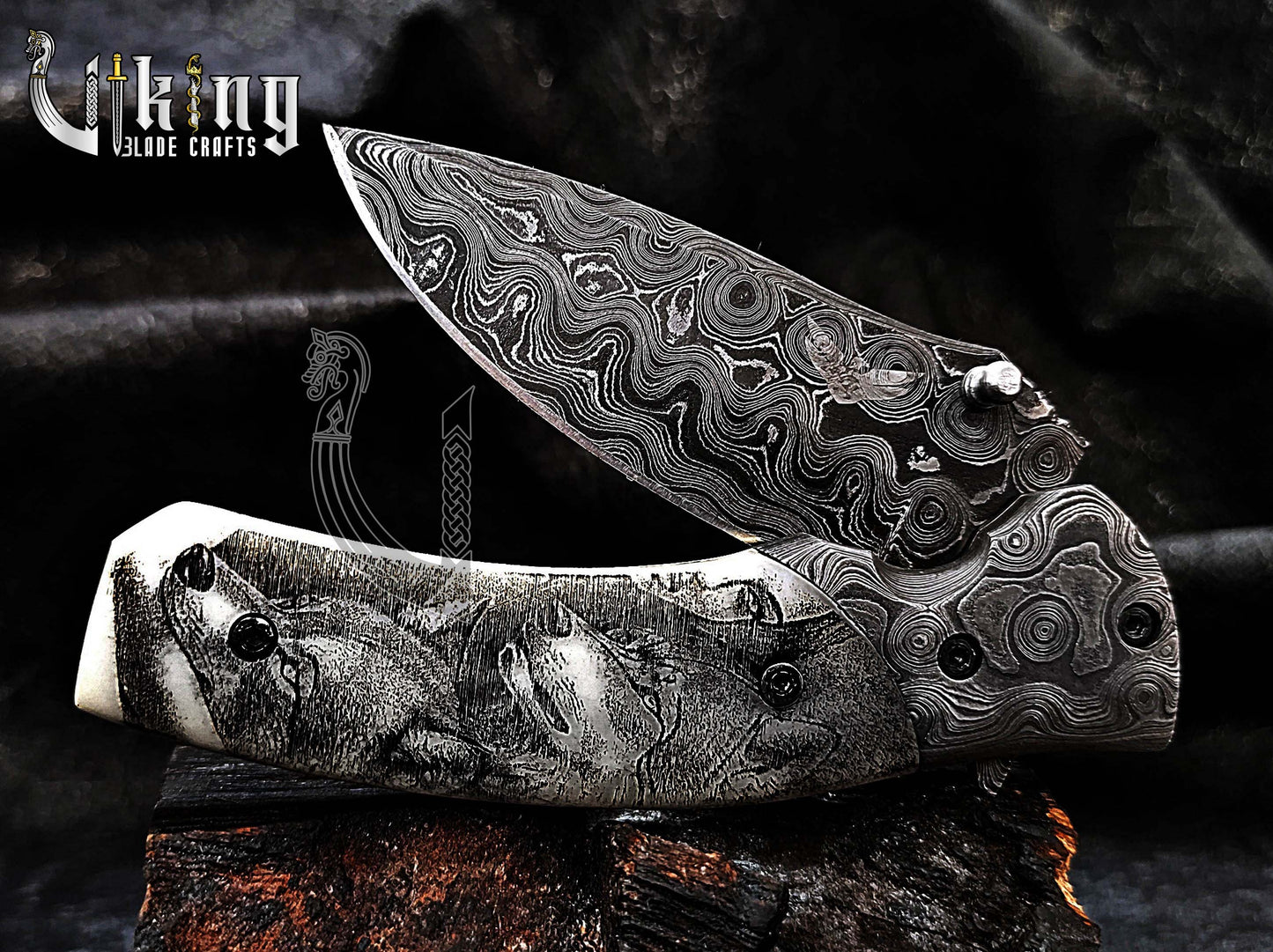 Hand-Forged Damascus Steel Rain Drop & Bone Handle Folding Knife