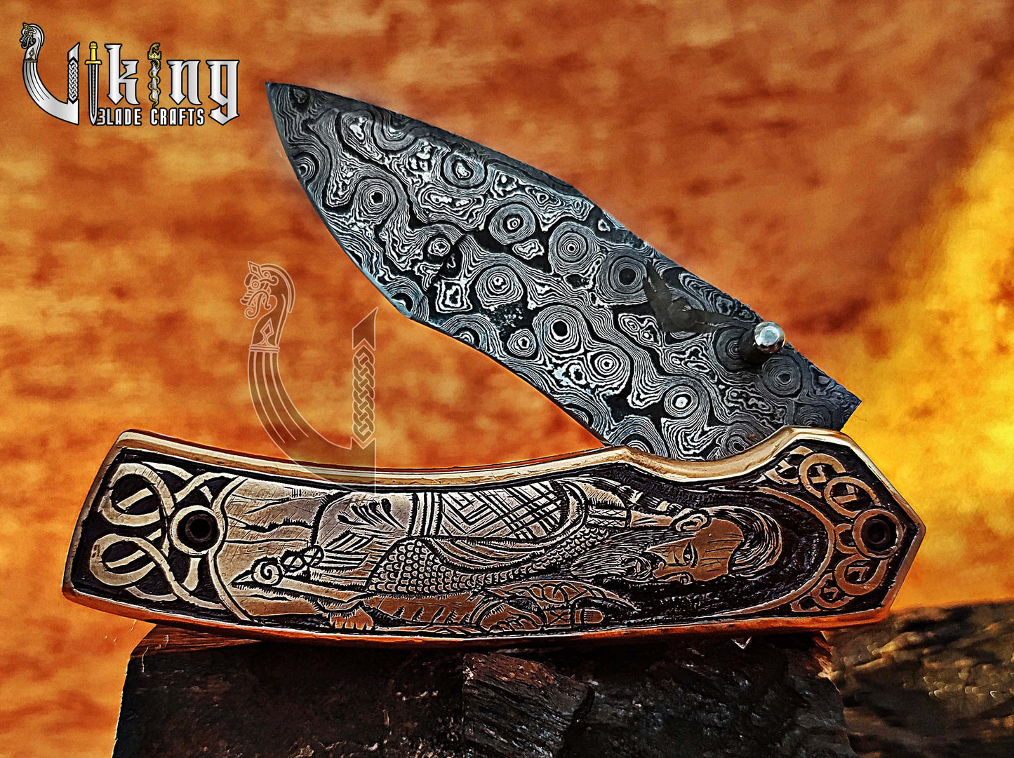 Forged Damascus Steel Folding Pocket Knife With Ragnar Lothbrok Carved Handle