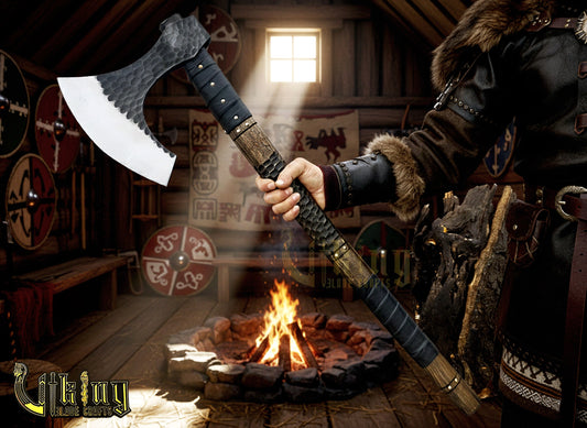 Handmade Vegvisir 36" Viking Axe & Rune-Engraved Valknut – Norse Warrior Axe