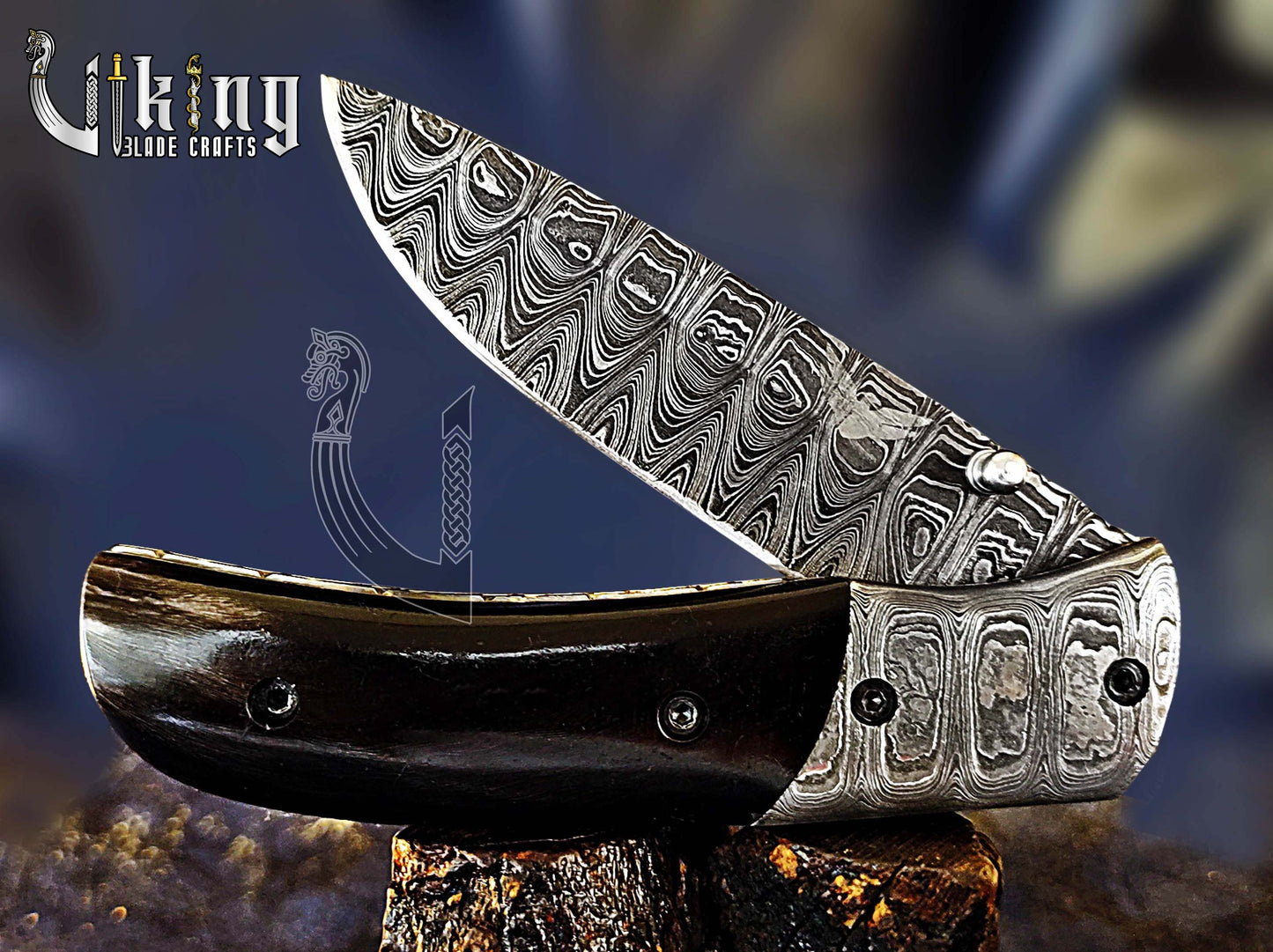 Hand-Forged Damascus Pocket Folding Knife w/ Buffalo Horn Handle & Clip