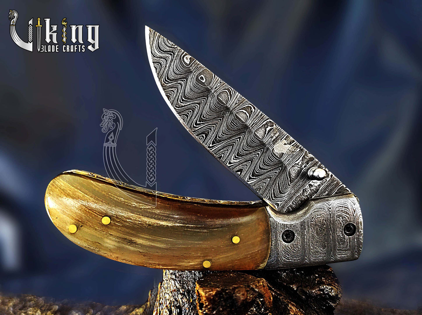 Handmade Folding Knife with Ram Horn, Ladder Pattern & Clip