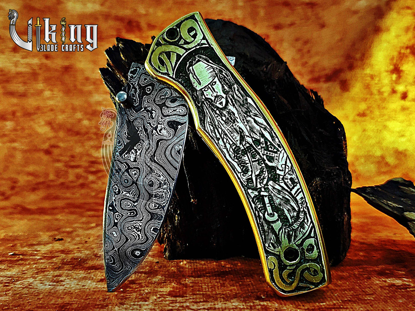 Damascus steel folding knife with Pirates of the Caribbean carved handle