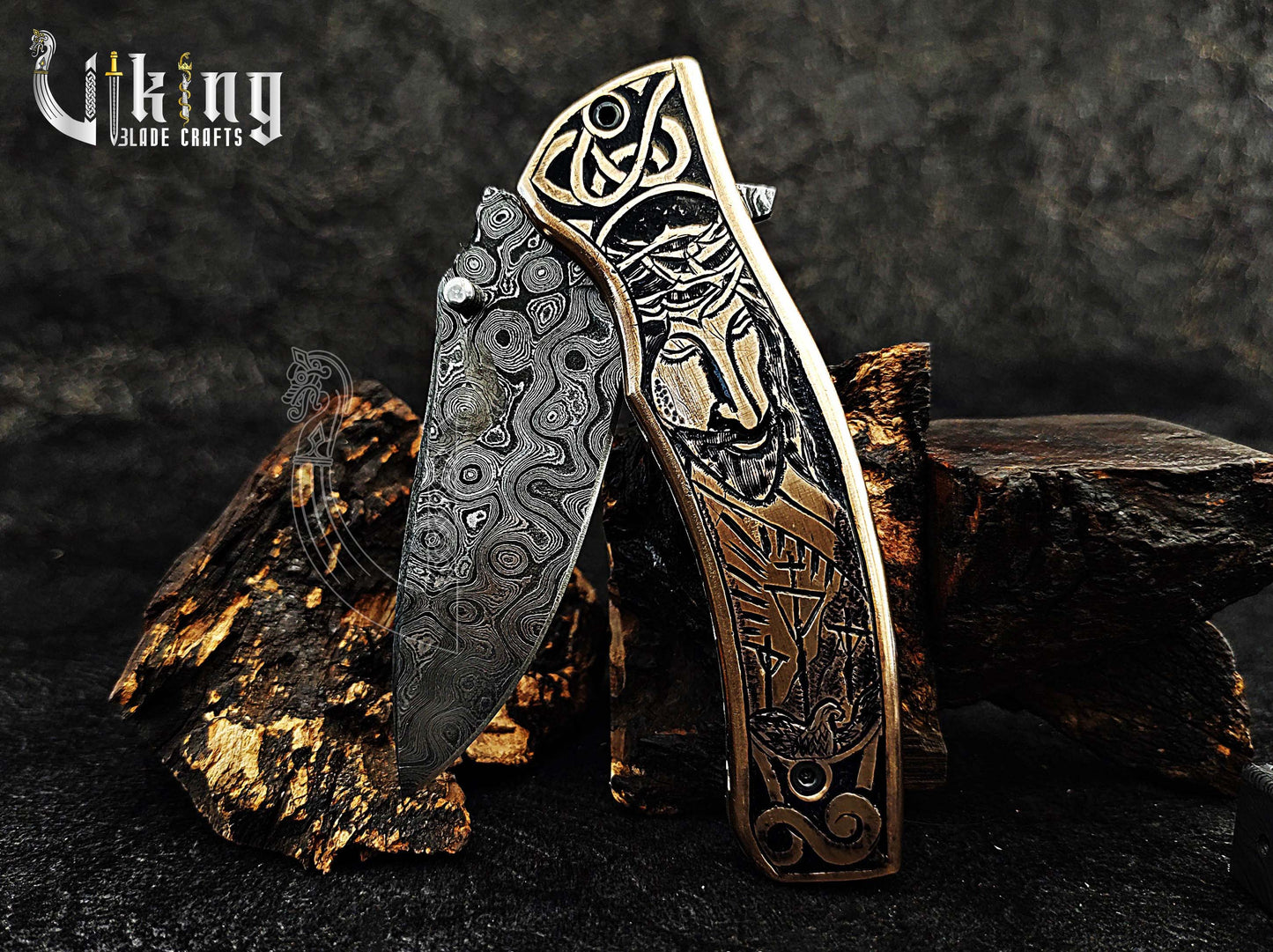 Damascus steel Folding knife with Jesus Crucifixion carved handle.