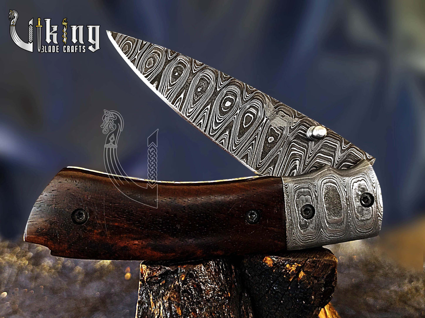 Handmade Damascus Folding Knife with Rosewood Handle & Pocket Clip