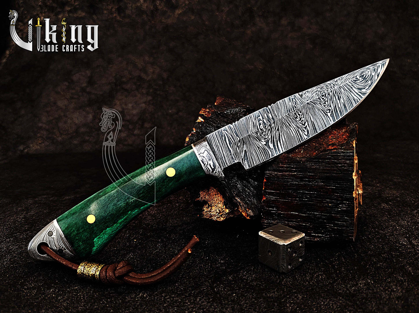Forged Damascus Steel Hunting Knife with Stained Bone Handle
