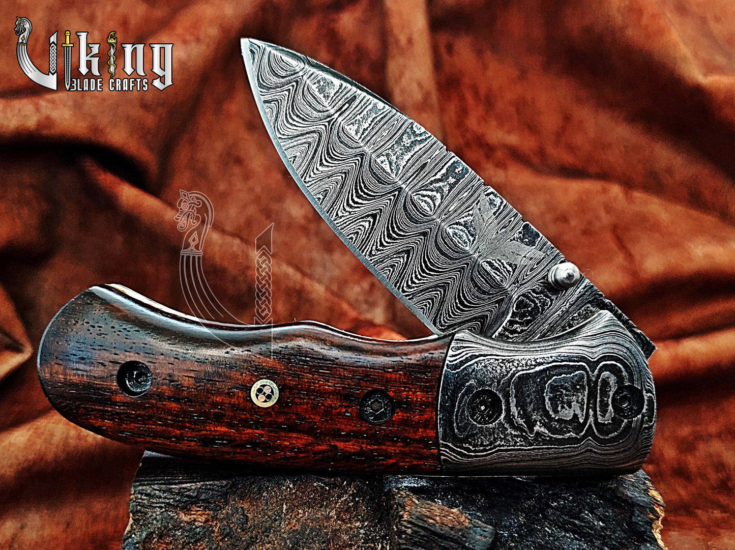 Hand-Forged Damascus Steel Folding Knife with Rosewood Handle