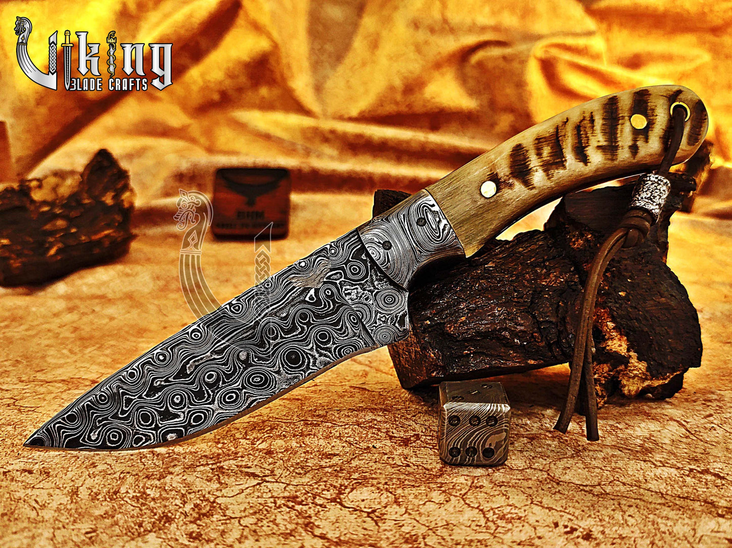 Damascus Steel Hunting & Camping Knife & Ram Horn Handle With Bolster