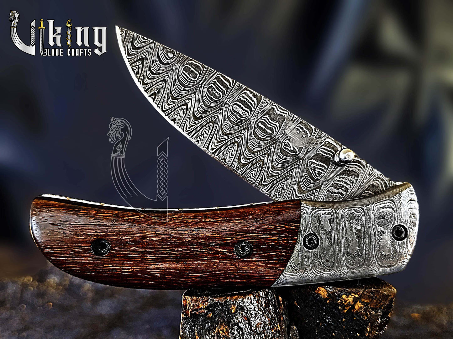 Handmade Damascus Steel Folding Knife with Rosewood Handle & Sheath