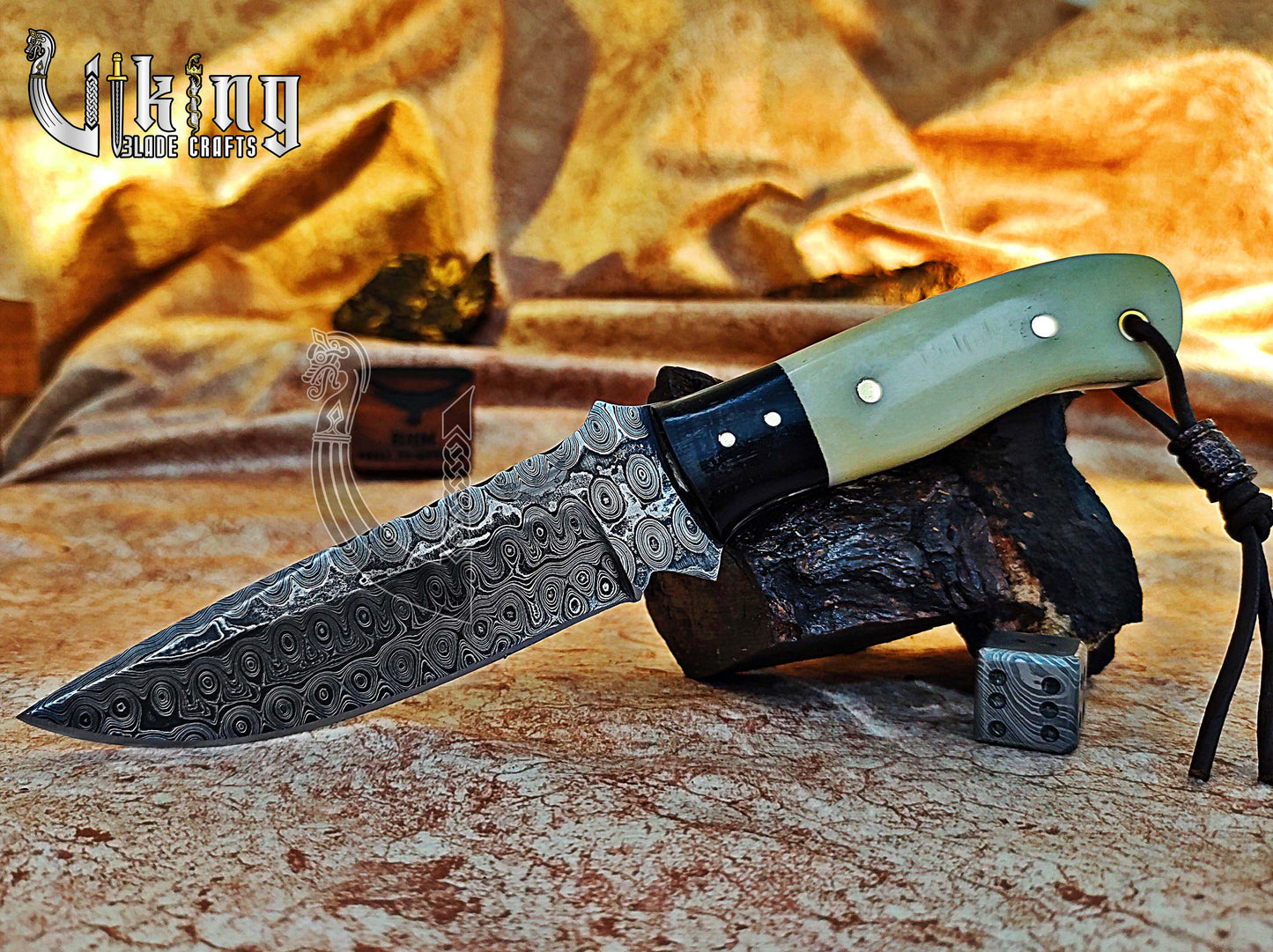 Damascus Fixed Blade Hunting Knife With Stained Bone & Buffalo horn Handle