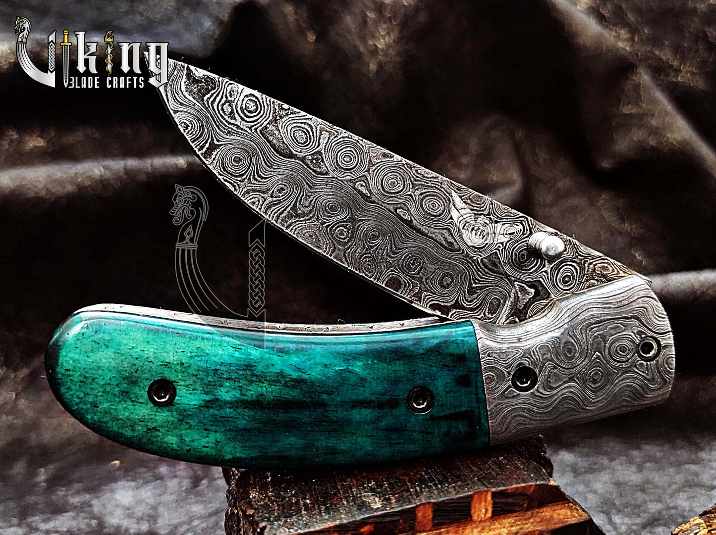 Handmade Damascus Folding Knife with Stained Bone Handle & Clip