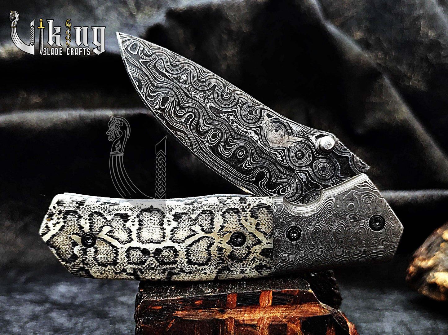Damascus Steel Folding Pocket Knife With Damascus Clip and Bone Handle