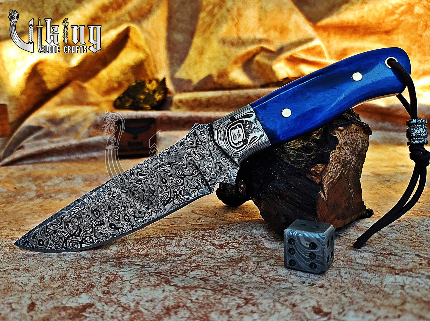 Handmade Damascus Hunting Knife With Stained Bone Handle & Bolster