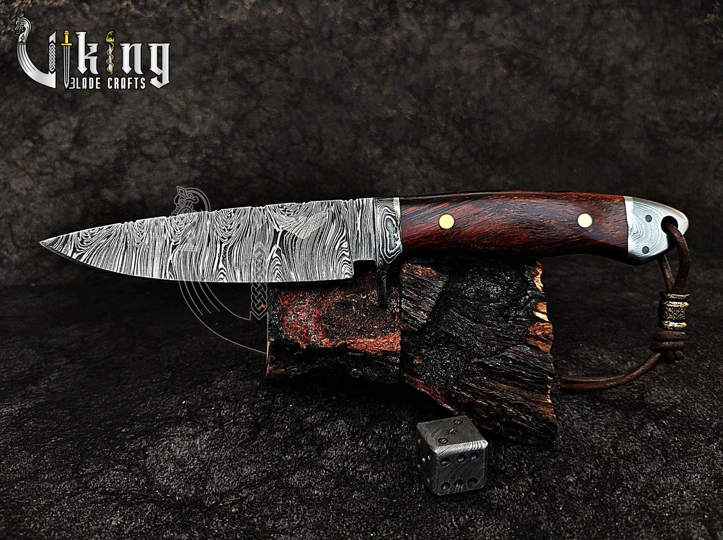 Damascus Fixed Blade Knife with Rosewood Handle & Damascus Guard & Bolster